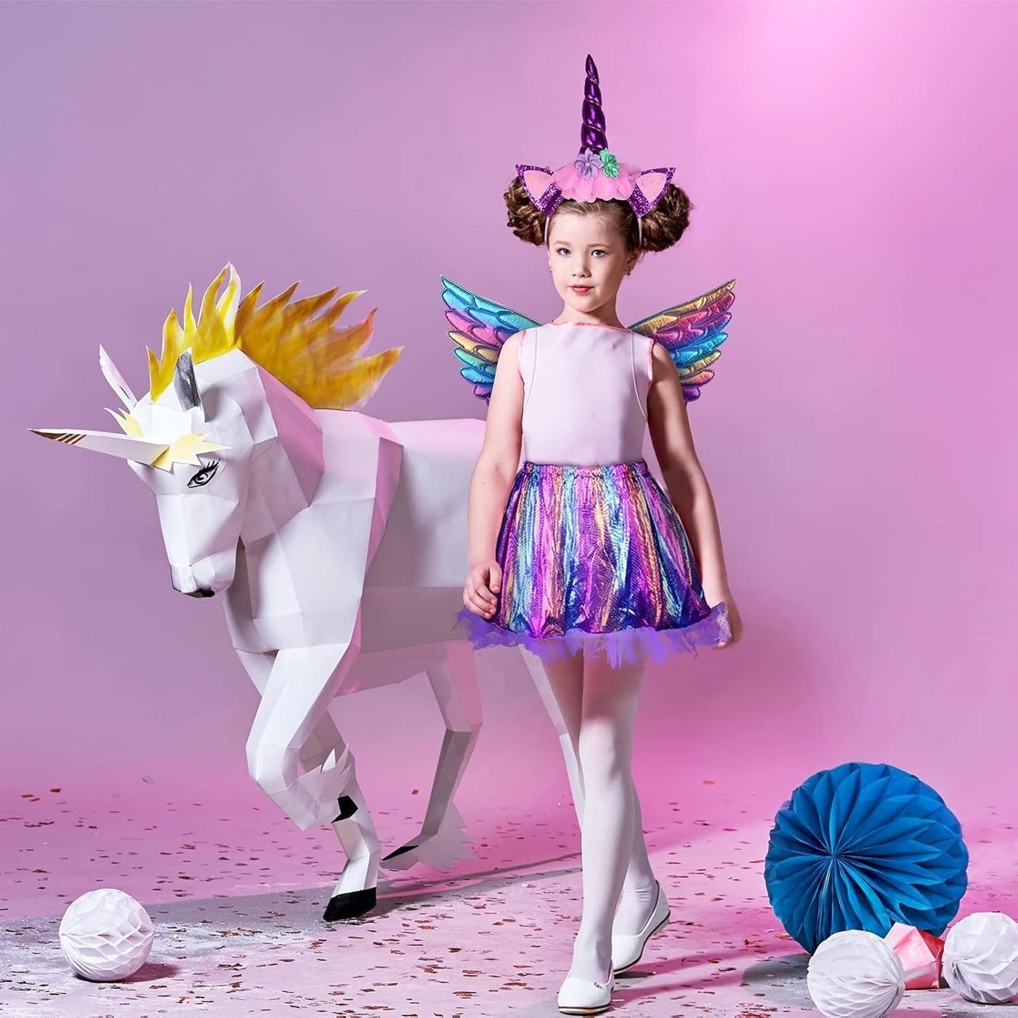 3-Piece Unicorn Princess Costume Set, Unicorn Headband With Wings And Tutu Skirt, Rainbow Unicorn Cosplay — back view