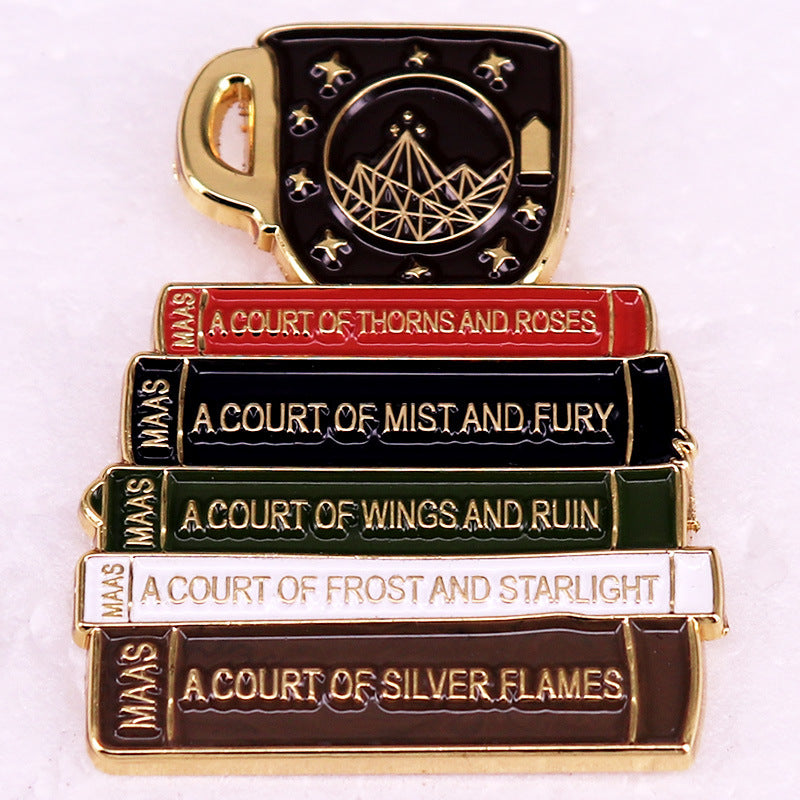 Book And Cup Hard Enamel Pin Fantasy Novel Badge — scale reference
