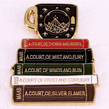 Book And Cup Hard Enamel Pin Fantasy Novel Badge — scale reference