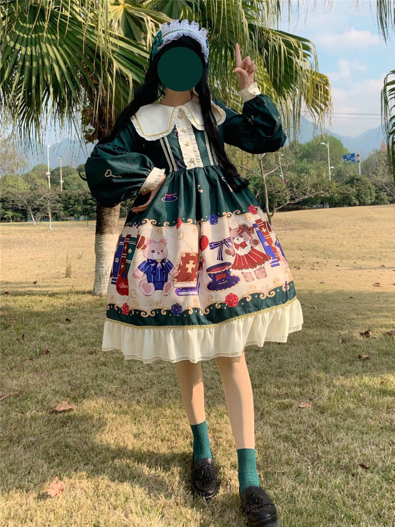 Lolita British Bear Op Long Sleeve Dress | Magic Stories
