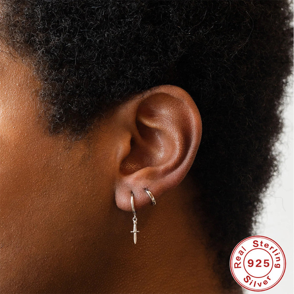 Sterling Silver Dagger Cross Earring Devil Eyes — back view