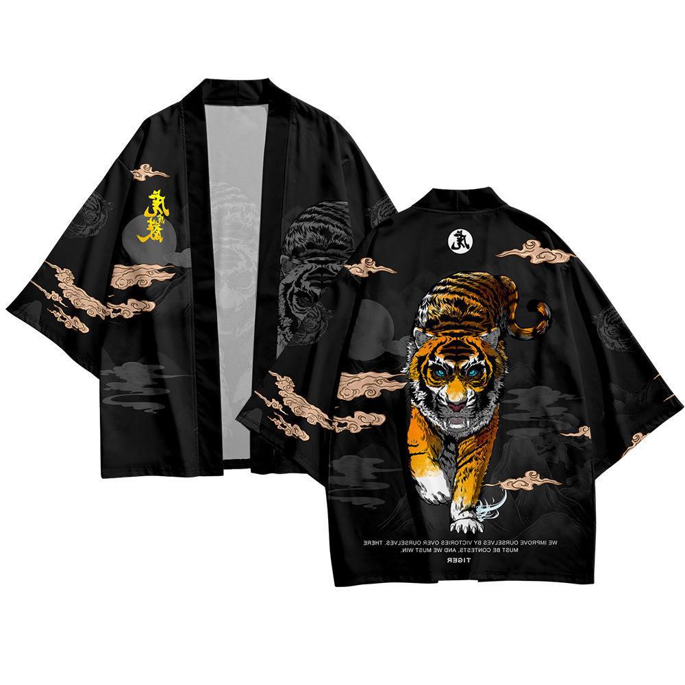 Tiger Print Cosplay Red Shirt Traditional Haori Kimono Women — back view