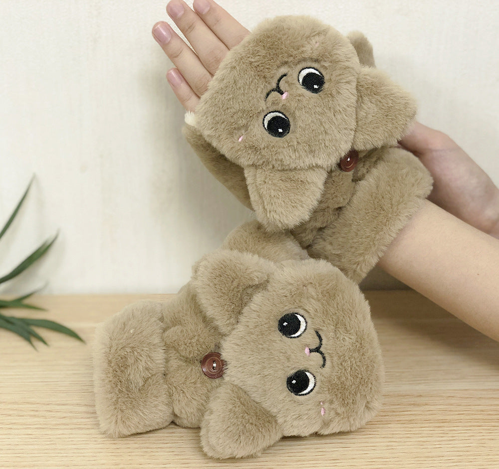 Plush Gloves Cartoon Cat Cute Half-finger Flip Warmth And Thicken — detail