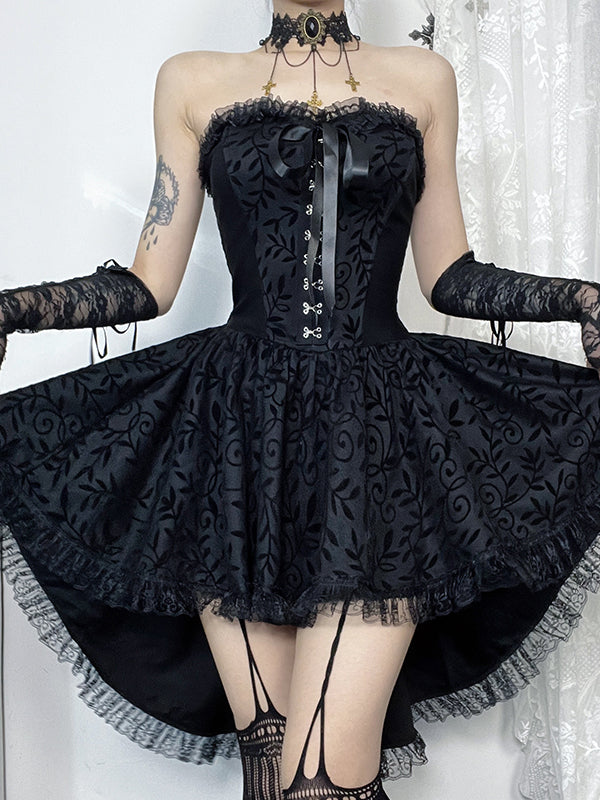 Halloween Dark Goth Flocking Bra Trailing Dress — side view