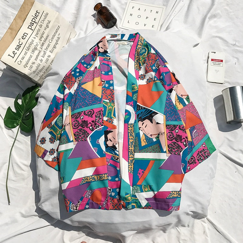 Printed Japanese Style Kimono Jacket cardigan men clothing cardigan male streetwear hiphop casual coat loose kimono — in use