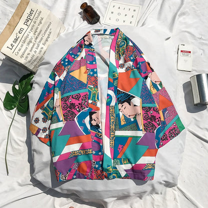 Printed Japanese Style Kimono Jacket cardigan men clothing cardigan male streetwear hiphop casual coat loose kimono — in use