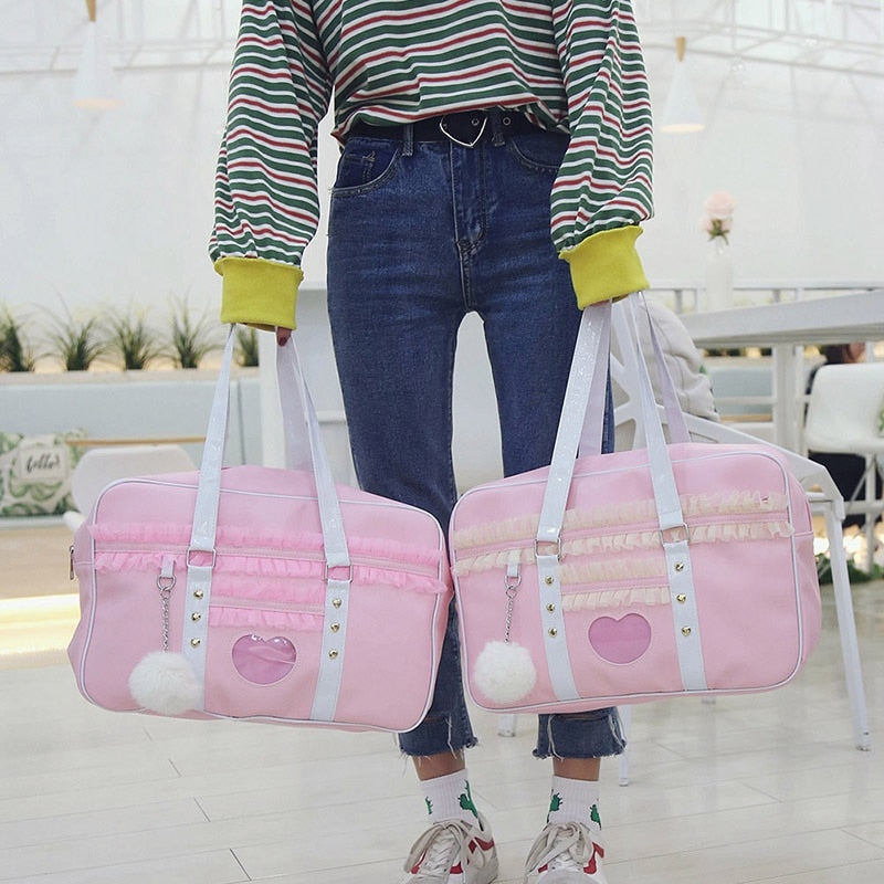 Lolita Japan Harajuku Kawaii JK Shoulder HandBag Lace Ruched Handbag Transparent Love Heart HandBag with Plush Pendant