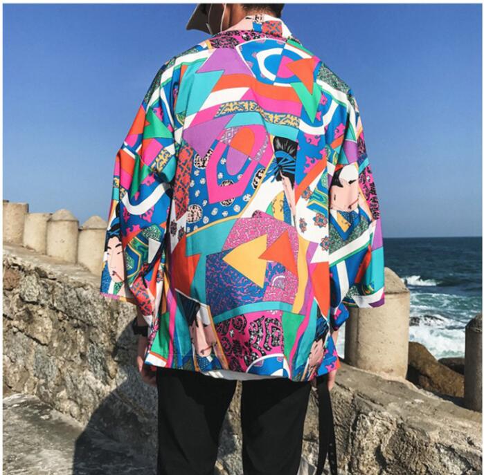 Printed Japanese Style Kimono Jacket cardigan men clothing cardigan male streetwear hiphop casual coat loose — side view