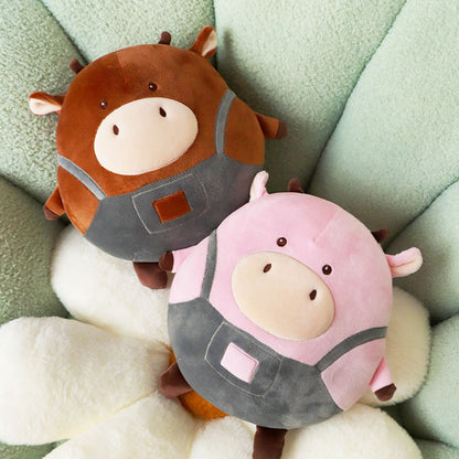 New Original Brown Cow Pillow Suspender Pants Denim Cow Round Rolling Plush Doll — side view