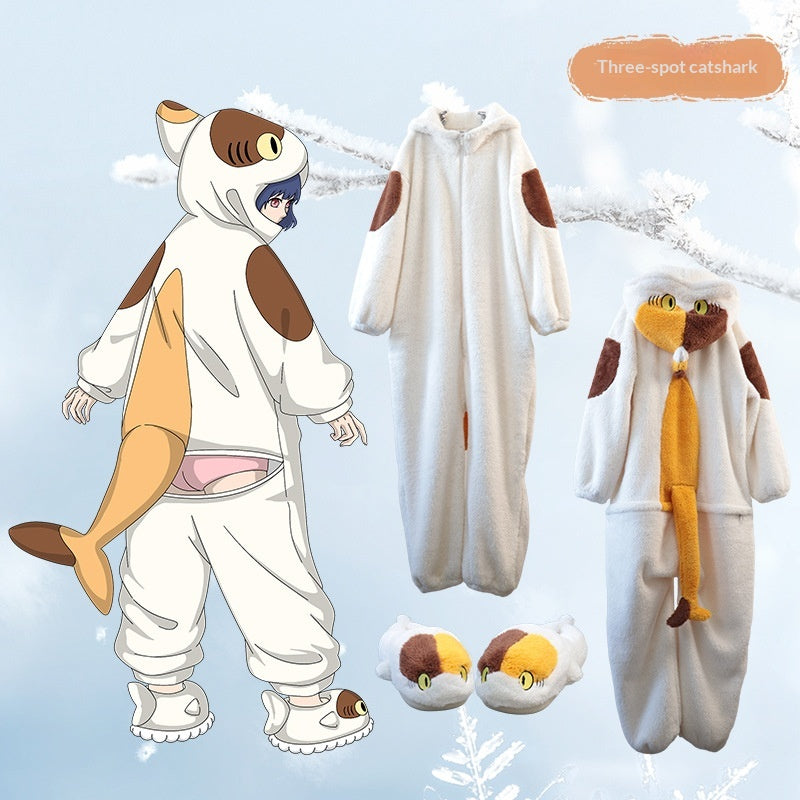 Anime Cartoon Funny Shark And Cat Onesie Pajamas Cute Cozy Loungewear Set — back view