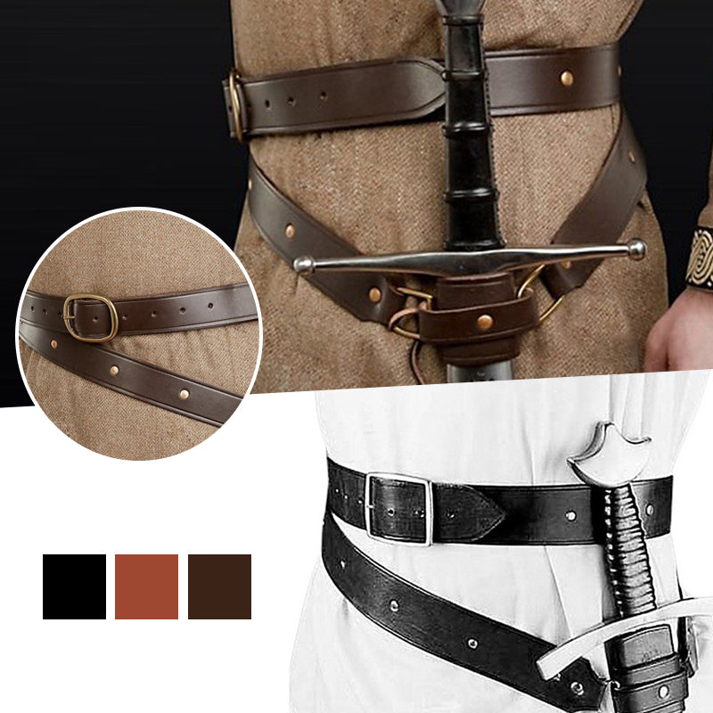 Cosplay Sword Prop 3-Piece — PU Leather Back Twin Swords, Hanging Sword Set & RGB Retractable Lightsaber — back view