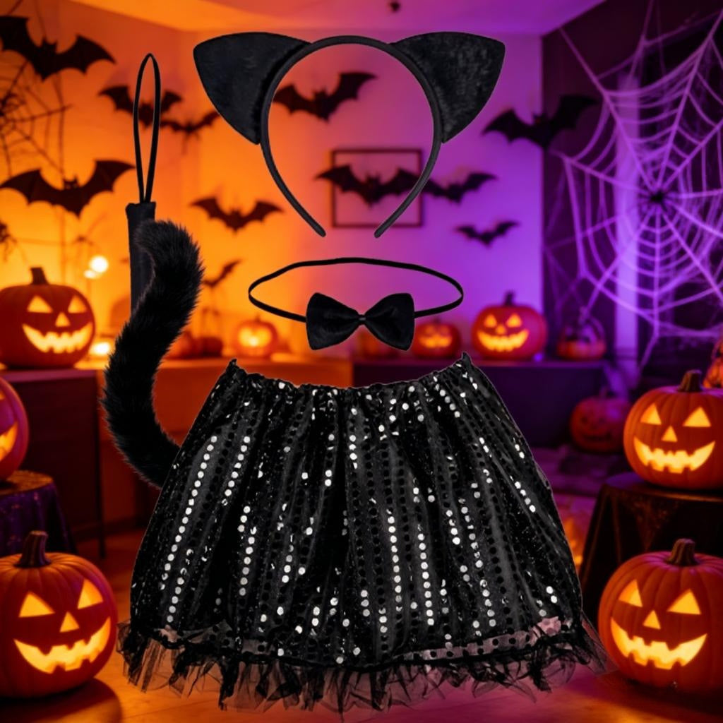 Katzen Kostüm, 4-teiliges Schwarzes Katzen Set Mit Haarreif, Schleife, Schwanz & Rock, Elegantes Cat-Outfit Für Cosplay,