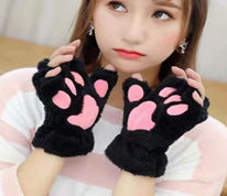 Autumn And Winter Student Plush Cat's Paw Half Finger Gloves For Men And Women — side view