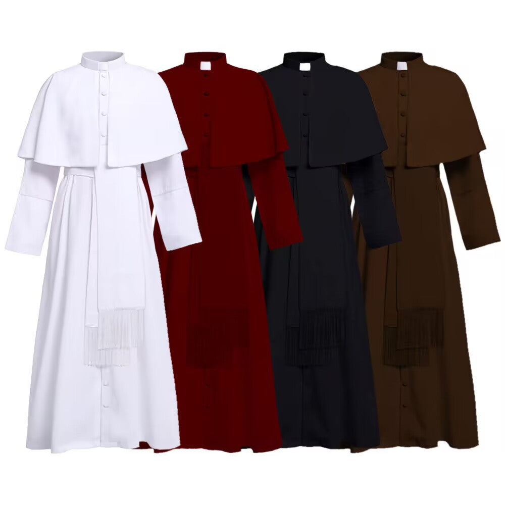 Solid Color Priest Cos Costume Halloween Priest Medieval Retro Cosplay Costume — back view