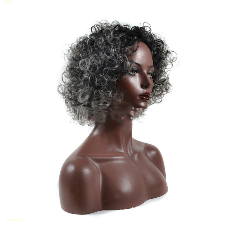 Granny gray short chemical fiber wig headgear — in use