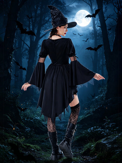 Women Gothic Witch Halloween Costume, Black Irregular Hem Witch Dress With Witch Hat, Dark Forest Sorceress Cosplay — detail