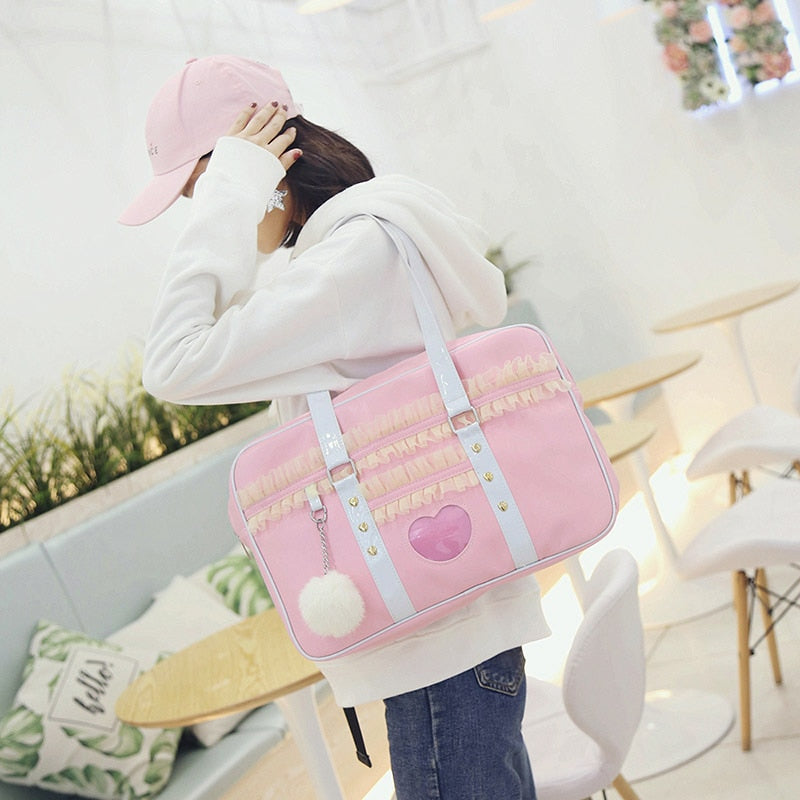 Lolita Japan Harajuku Kawaii JK Shoulder HandBag Lace Ruched Handbag Transparent Love Heart HandBag with Plush — back view
