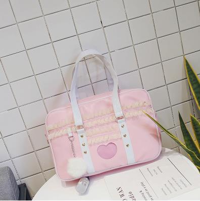 Lolita Japan Harajuku Kawaii JK Shoulder HandBag Lace Ruched Handbag Transparent Love Heart HandBag with Plush — packaging