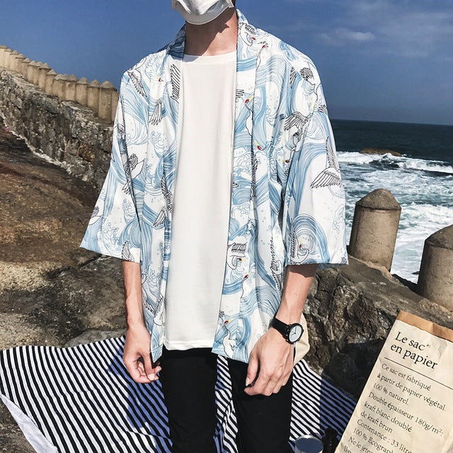 Printed Japanese Style Kimono Jacket cardigan men clothing cardigan male streetwear hiphop casual coat loose — back view