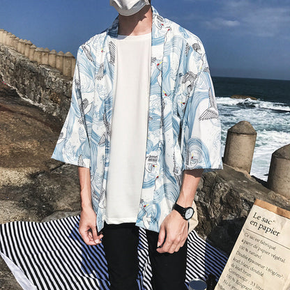 Printed Japanese Style Kimono Jacket cardigan men clothing cardigan male streetwear hiphop casual coat loose — back view
