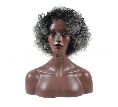Granny gray short chemical fiber wig headgear — side view