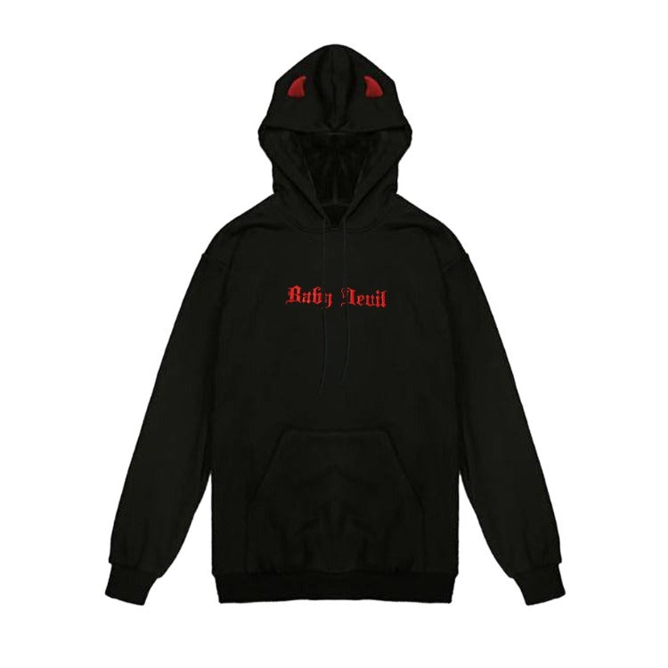 Diablo Three-Dimensional Horns Little Devil Plus Fleece Hooded Sweater — back view