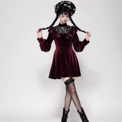 Personality Gothic Dark Red Velvet Dress | Magic Stories