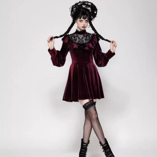 Personality Gothic Dark Red Velvet Dress | Magic Stories