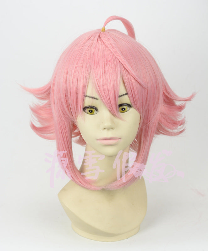 Pink upturned cosplay wig — side view