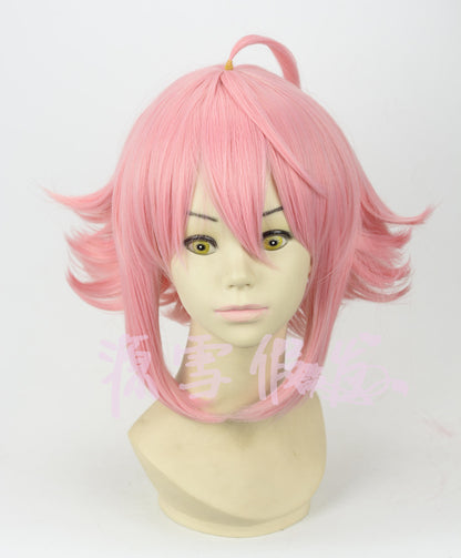Pink upturned cosplay wig — side view