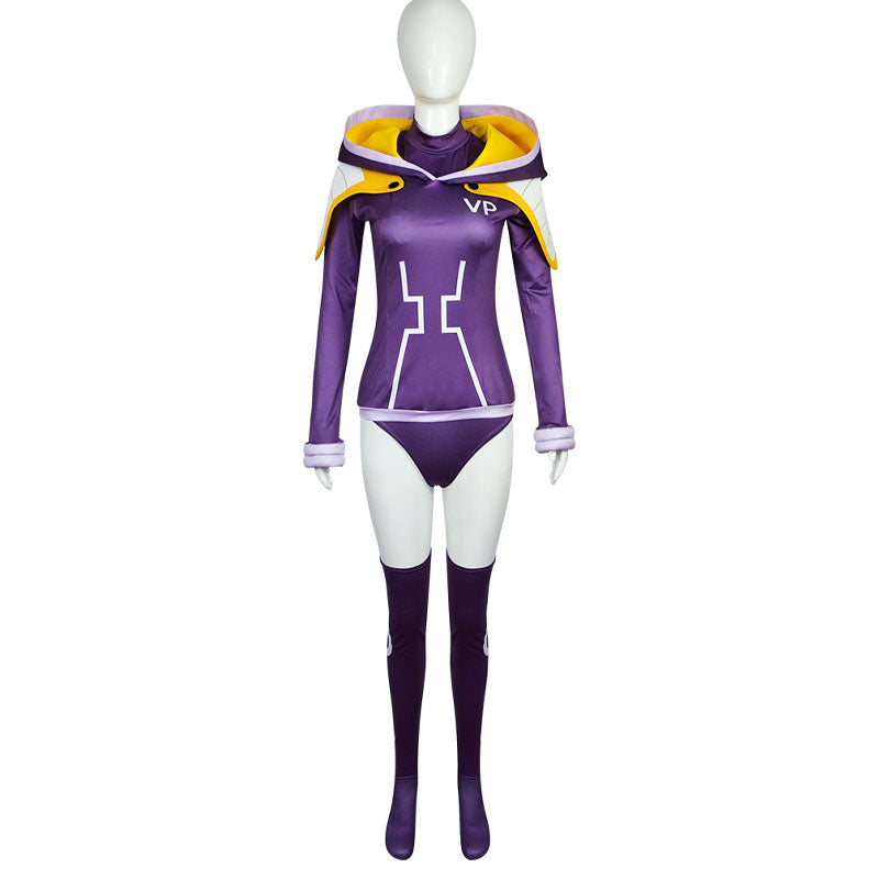 Jewelry Bonney Egghead outfit, front view — purple long-sleeve VP top with lilac cuffs, matching briefs and dark thigh-high socks