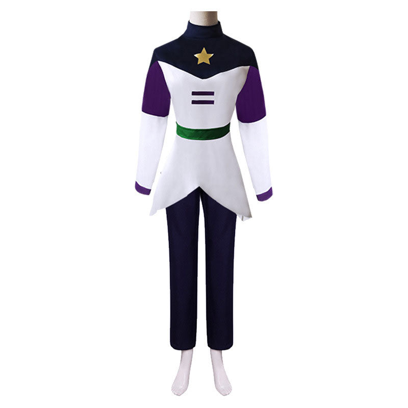 Luz Noceda outfit, front view — white pointed-hem tunic with navy star yoke, purple sleeve panels and green sash belt