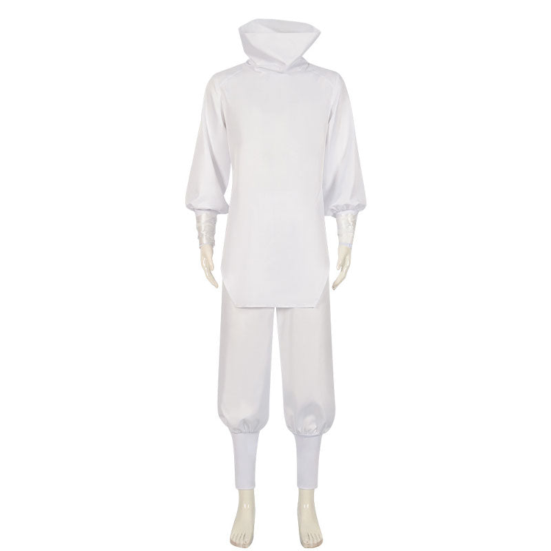 Hajime Kashimo cosplay costume, front view — white stand-collar hooded top with satin cuffs and cinched pants