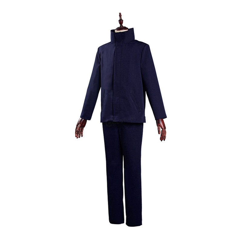 Gojo Satoru with blindfold cosplay set, three-quarter view — Jujutsu Kaisen navy jacket and trousers