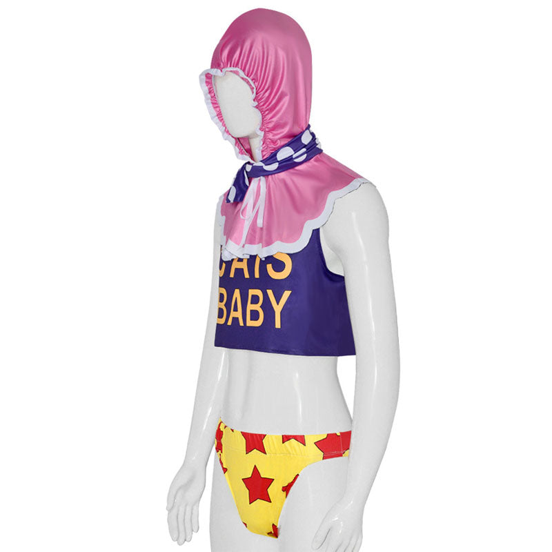 Senor Pink One Piece baby outfit, side view — pink ruffled bonnet, polka-dot scarf and purple lettered top