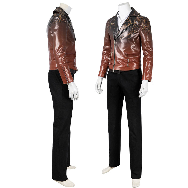 Luis Serra jacket, side and front views — brown leather biker jacket with zip front and buckle straps over black trousers