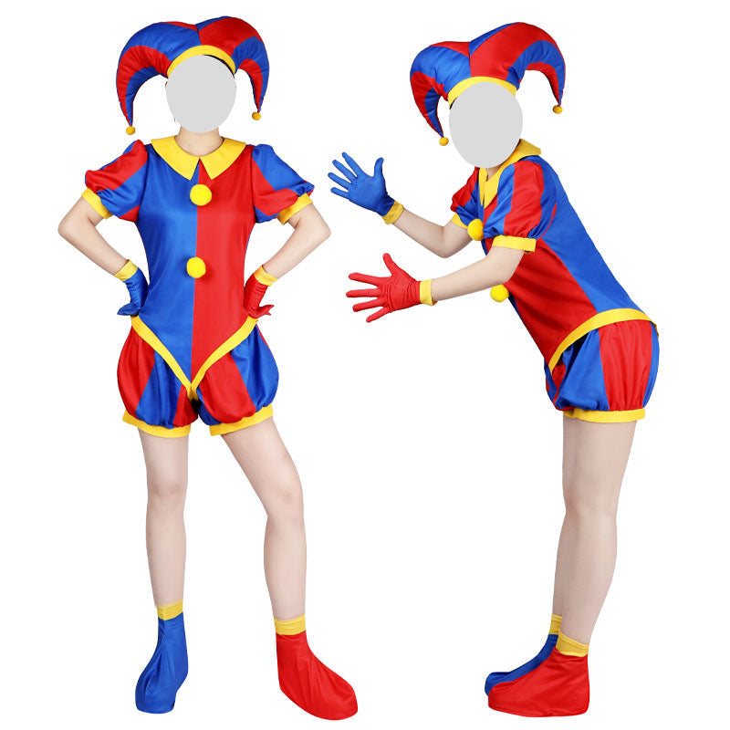 Pomni cosplay front and back view — Amazing Digital Circus jester romper with yellow trim, jester hat and gloves