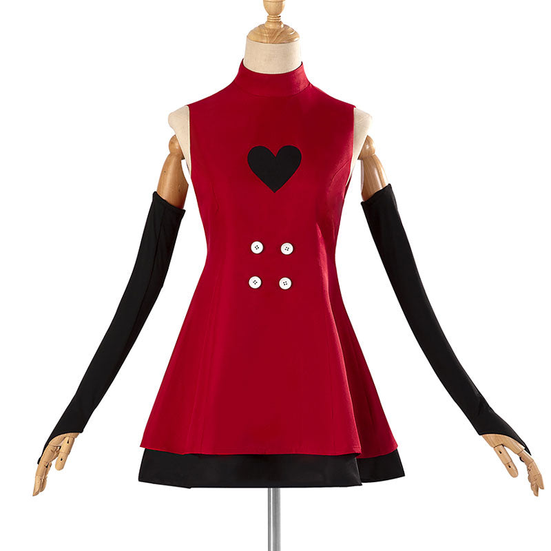 Hazbin Hotel Charlie dress on a mannequin — red sleeveless cosplay dress with black heart motif, four white buttons and a black hem band