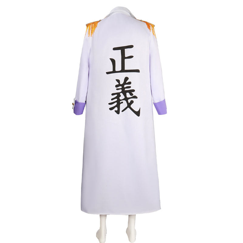 One Piece admiral coat for Fujitora cosplay, back view — white Marine coat with orange-fringed epaulettes and the black kanji for justice