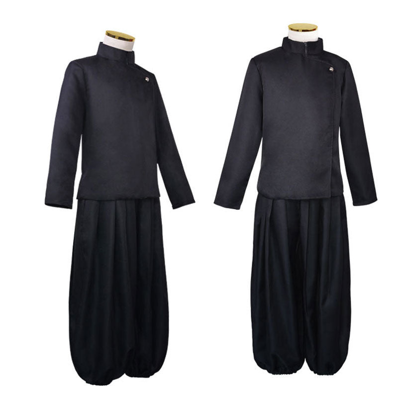 Jujutsu Kaisen uniform cosplay set, angled views — Geto's black high-collar top with wide black trousers