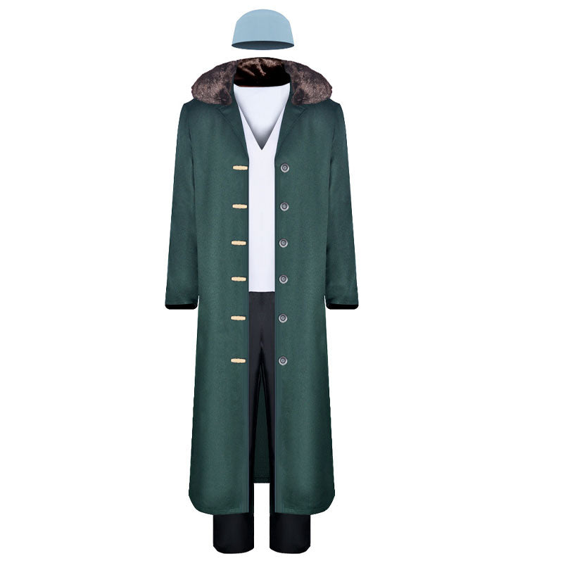 One Piece Aokiji cosplay costume on a mannequin — Kuzan's green trench coat with fur collar, gold toggles and white undershirt