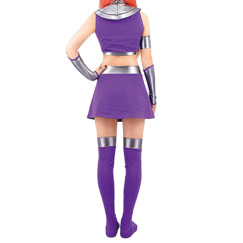 Starfire Teen Titans cosplay costume, back view — purple crop top, skirt and silver-trimmed thigh-high socks