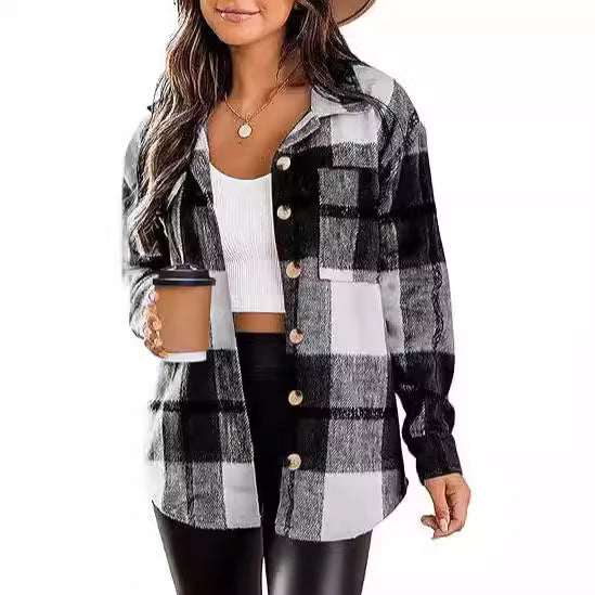 Fashionable Jacket Women's Brushed Woolen Jacket Plaid — scale reference