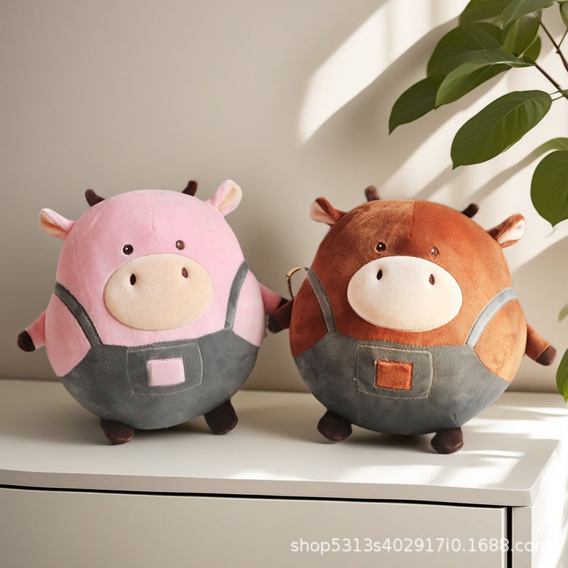 New Original Brown Cow Pillow Suspender Pants Denim Cow Round Rolling Plush Doll