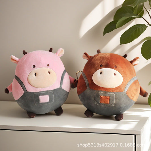 New Original Brown Cow Pillow Suspender Pants Denim Cow Round Rolling Plush Doll