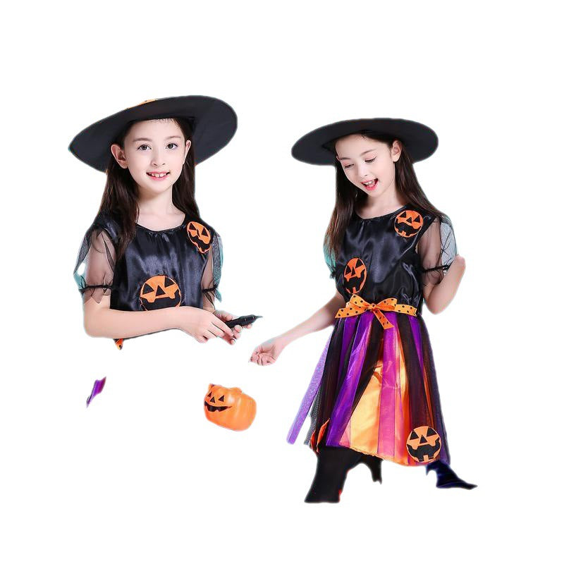 Halloween Costume Children Cosplay Children Halloween Costume Witch Skirt Hat Cosplay Ball Pumpkin — back view
