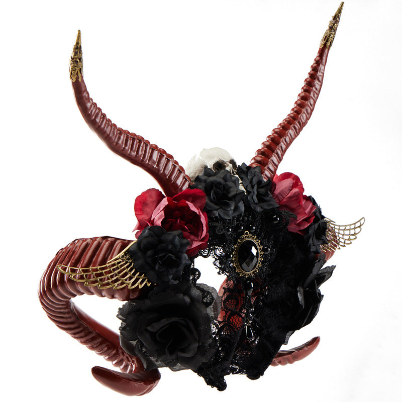 Gothic Dark Devil Horn Skull Halloween Red Antelope Horn Headband — detail