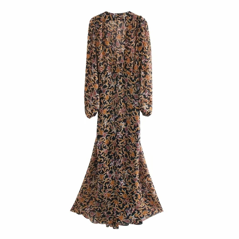 Za Women Dresses Floral Retro Printed V-neck Long sleeves Tulle Dress Woman vintage Goth Long dress — back view