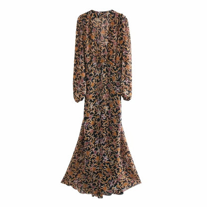 Za Women Dresses Floral Retro Printed V-neck Long sleeves Tulle Dress Woman vintage Goth Long dress — back view
