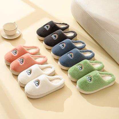 Kawaii Rainbow Embroidered Slippers Warm Slip On Plush Shoes Couple Indoor Home Slippers Winter — detail